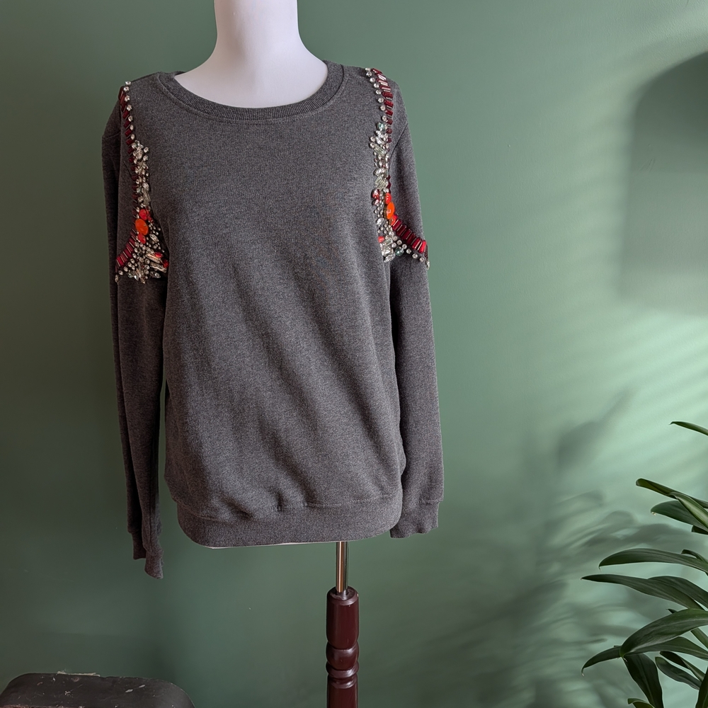 HEMANT & NANDITA Charcoal Anthropologie Sweatshirt Jeweled  Embellishments